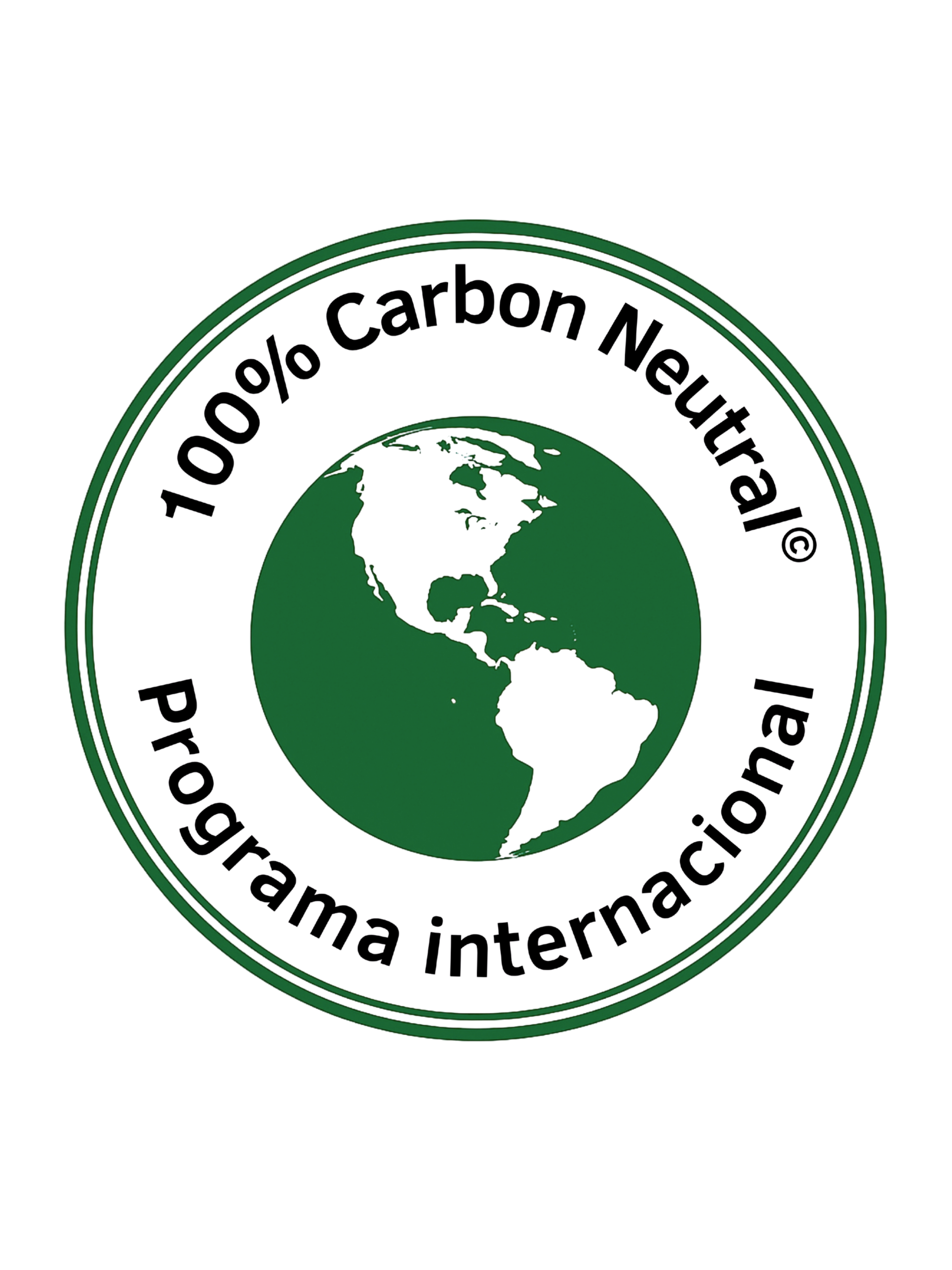 Logo of 100% Organic Carbon Neutral Program, featuring a globe with North and South America, encased in a circular design with the text '100% Organic Carbon Neutral Program, International.'