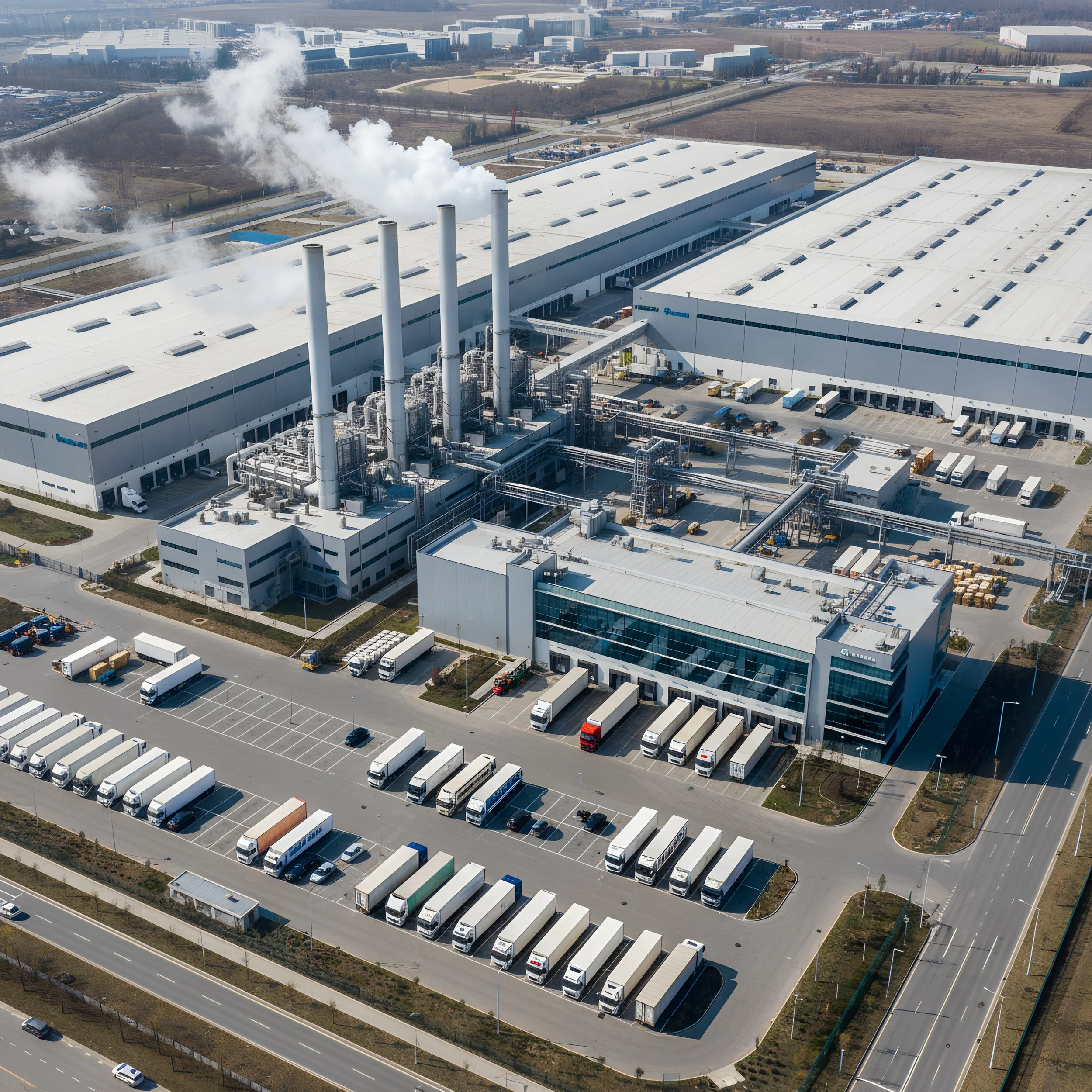 An aerial view of a large industrial facility with multiple buildings, smokestacks emitting white vapor, and a parking lot filled with trucks and vehicles.