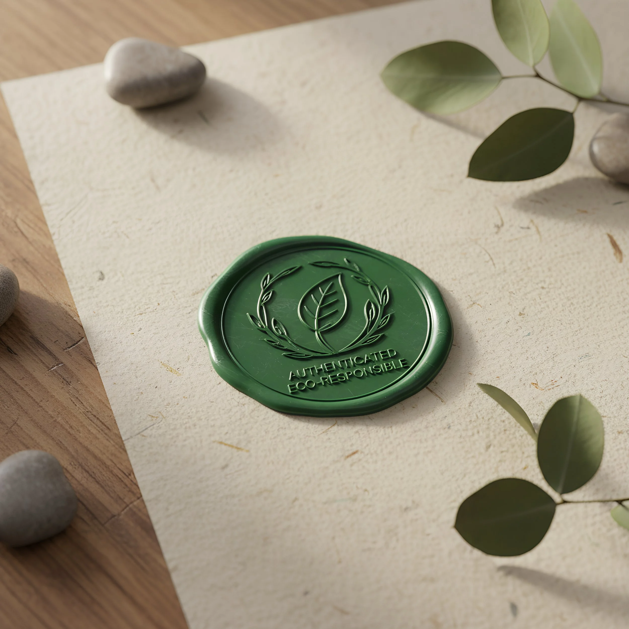 Green wax seal with a leaf design and the words "Authenticated Eco-Responsible" embossed on it, placed on textured paper with green leaves and stones nearby.