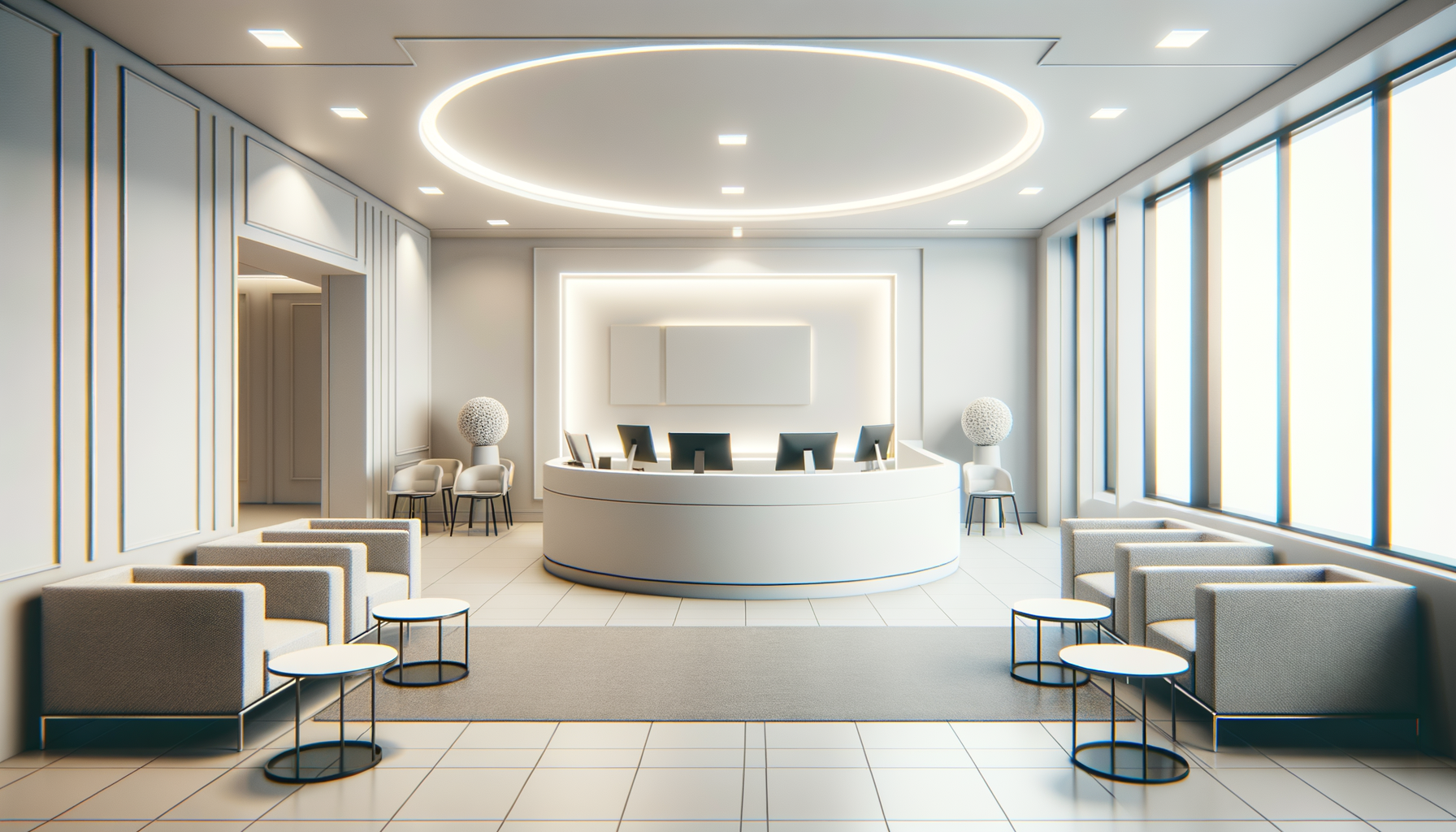 Modern, bright hotel or office reception area with a white circular desk, black monitors, seating with beige and gray chairs, and large windows letting in natural light.