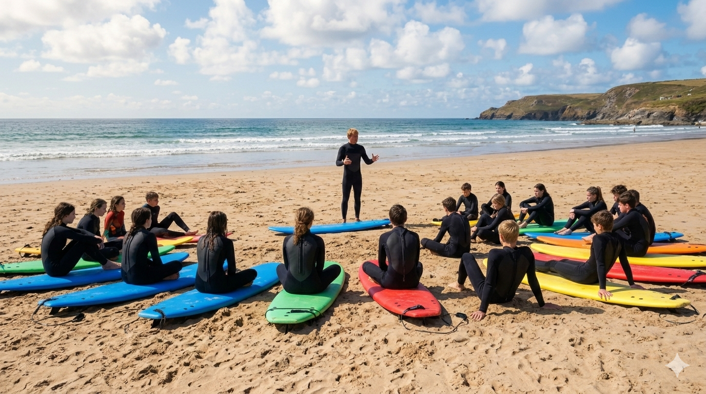 Un grupo de personas en trajes de neopreno, sentadas en tablas de surf, escuchando a un instructor en una playa con mar y colinas al fondo. En un campamento de verano de surf y de ingles.