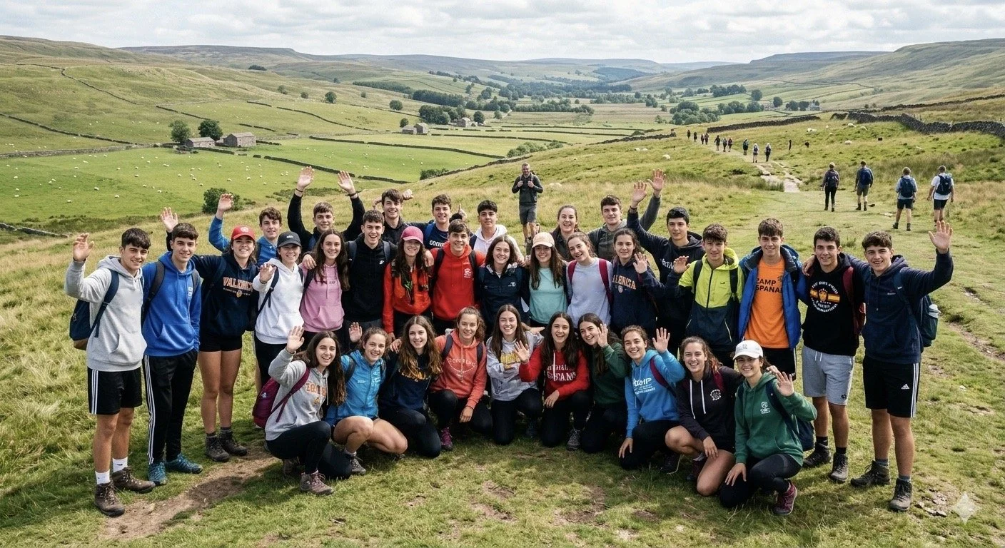 Campamento de verano ingles y surf en inglaterra, foto grupal de alumnos en el campo de excursión