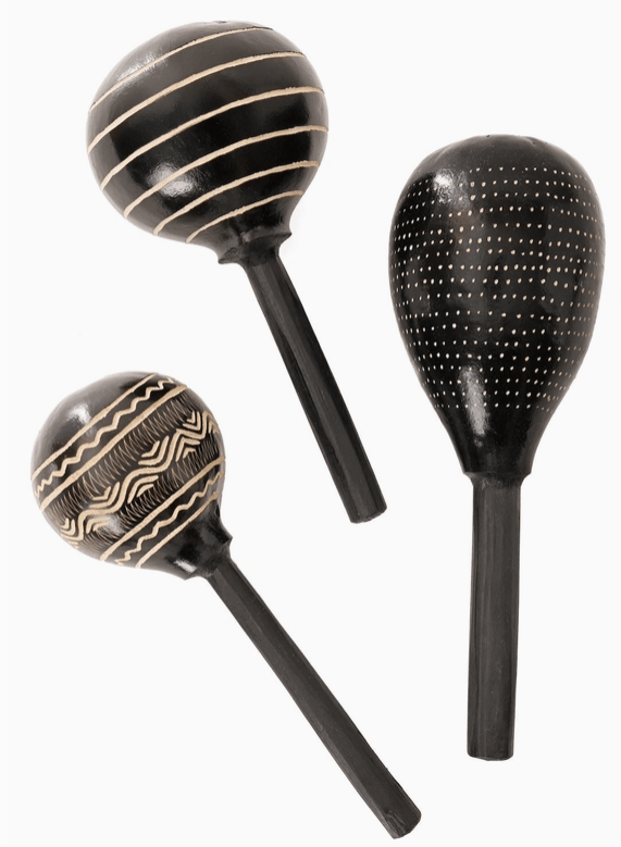 Hand Carved Calabash Gourd Maraca Shaker: Three black shakers with light, geometric carved patterns, including stripes and dots.