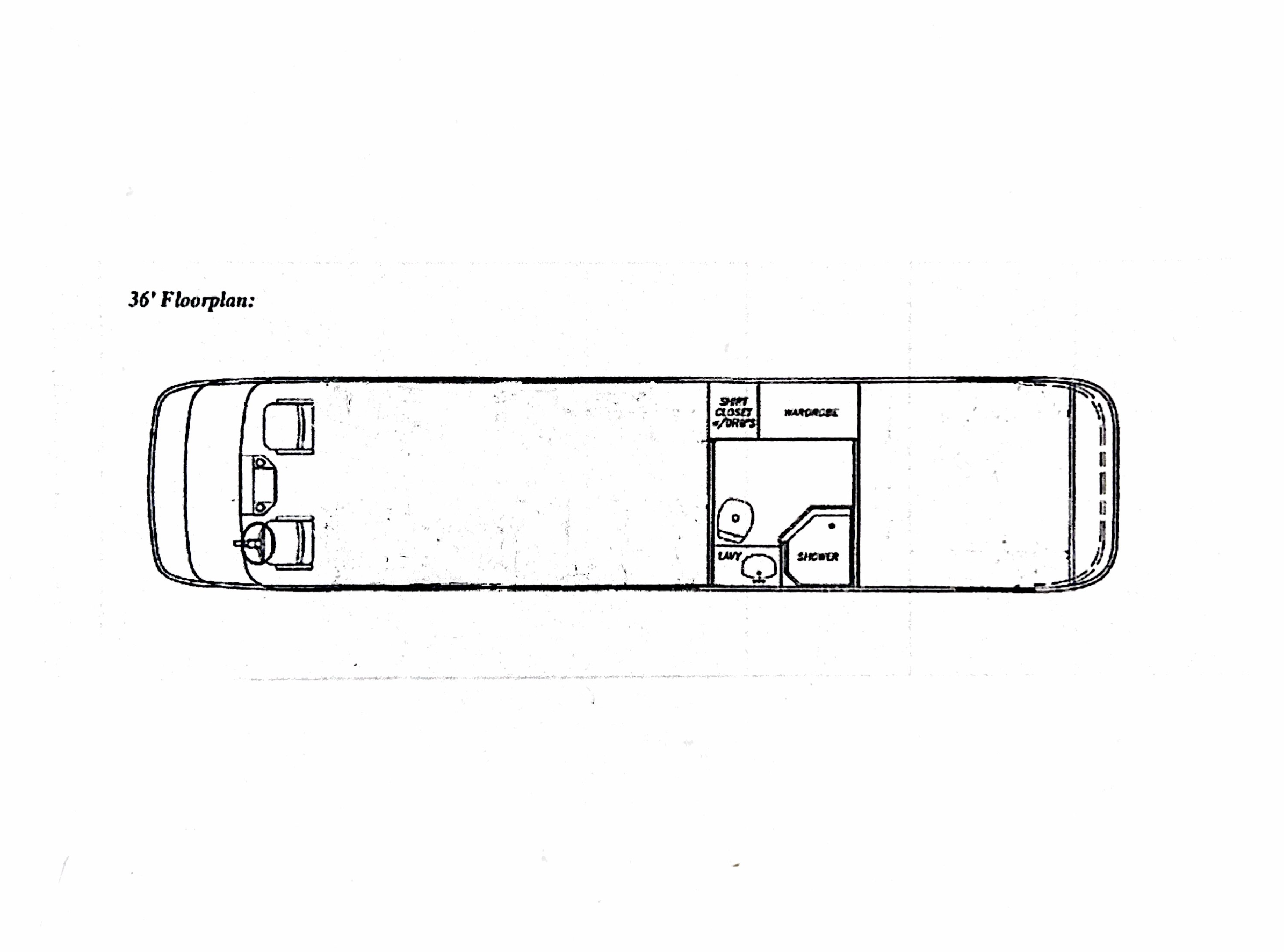 Floor plan of a bus with driver seats at the front, a bathroom with a toilet and sink, a wardrobe, a closet for clothes, and a seating area at the rear.
