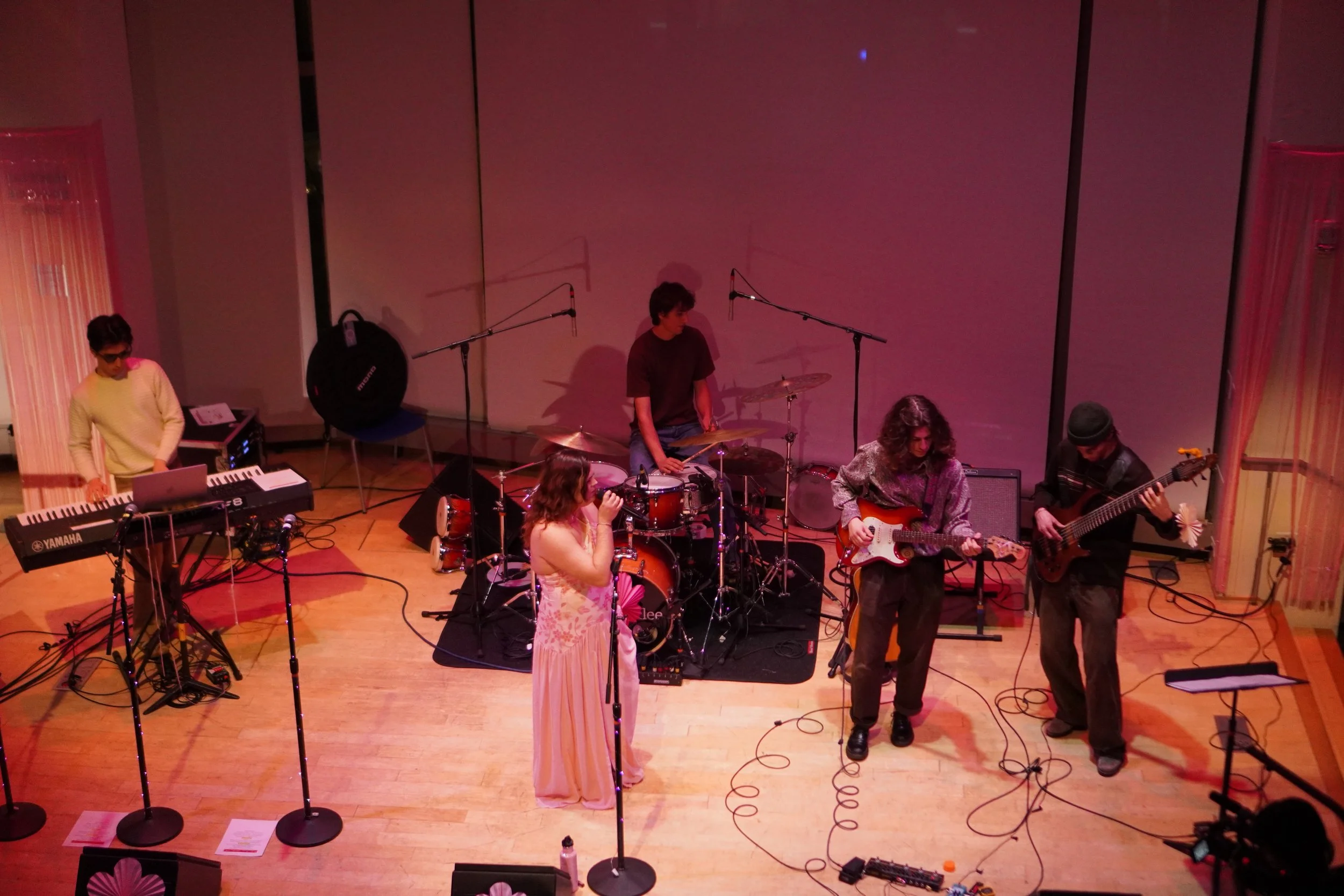 A band performing on stage with a keyboardist, a drummer, two guitarists, and a female singer in a pink dress, all under pink lighting.