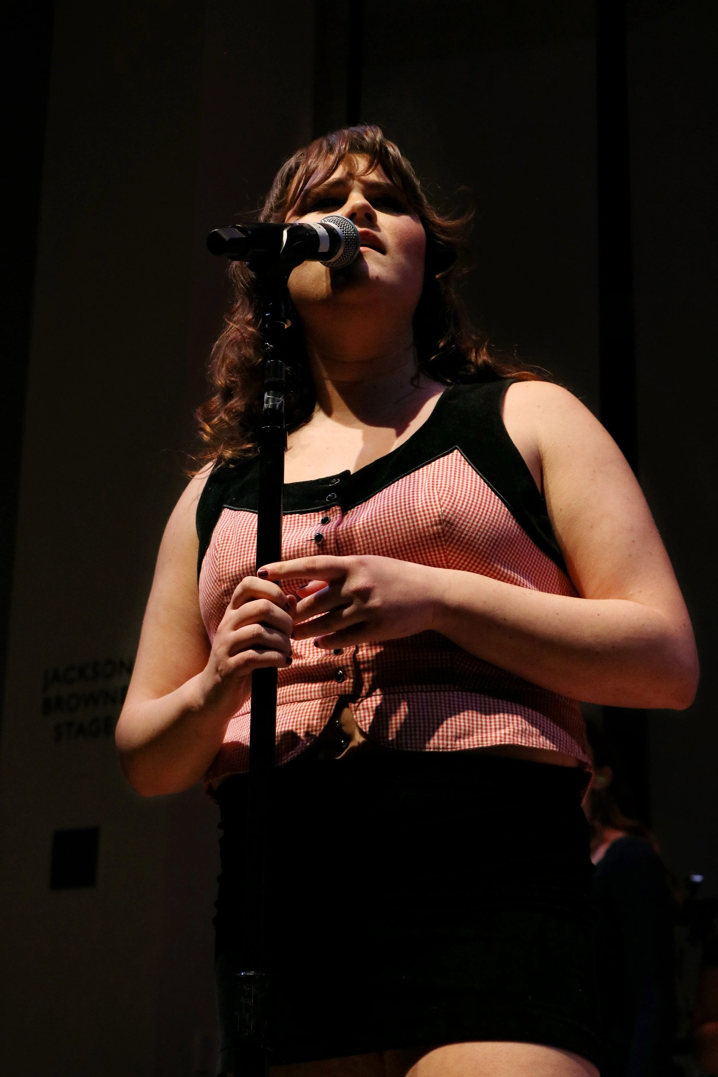 A woman with wavy brown hair singing into a microphone on a stage.