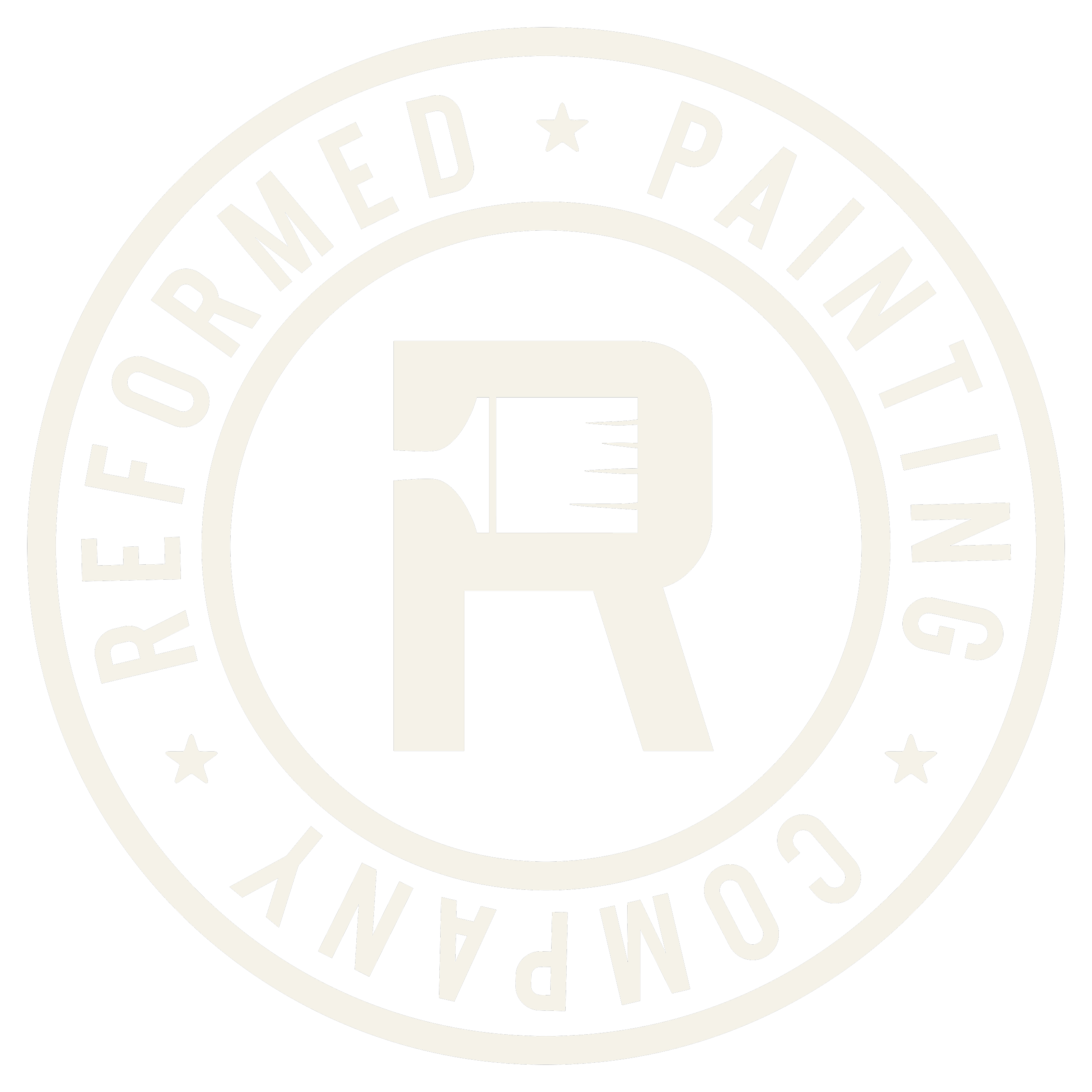 Logo of Reformed Painting Co. featuring a large white letter R and text indicating 'Reformed Painting Co.'