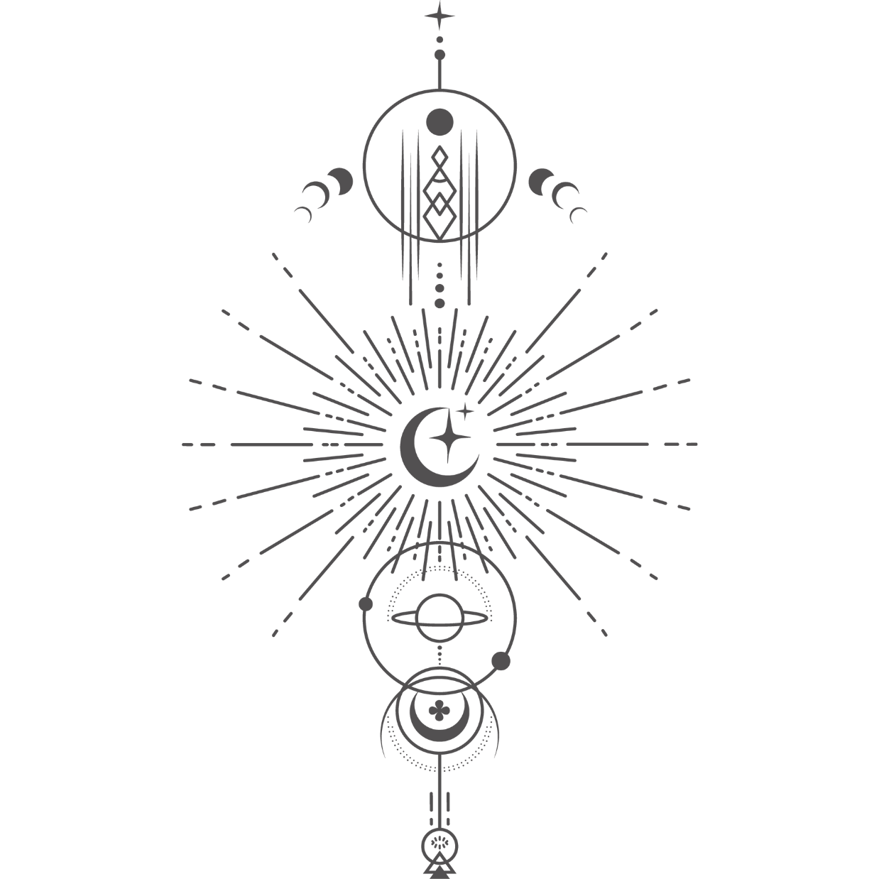 Intuitive Coaching celestial symbols, including moon and star, planets, and geometric patterns arranged vertically.