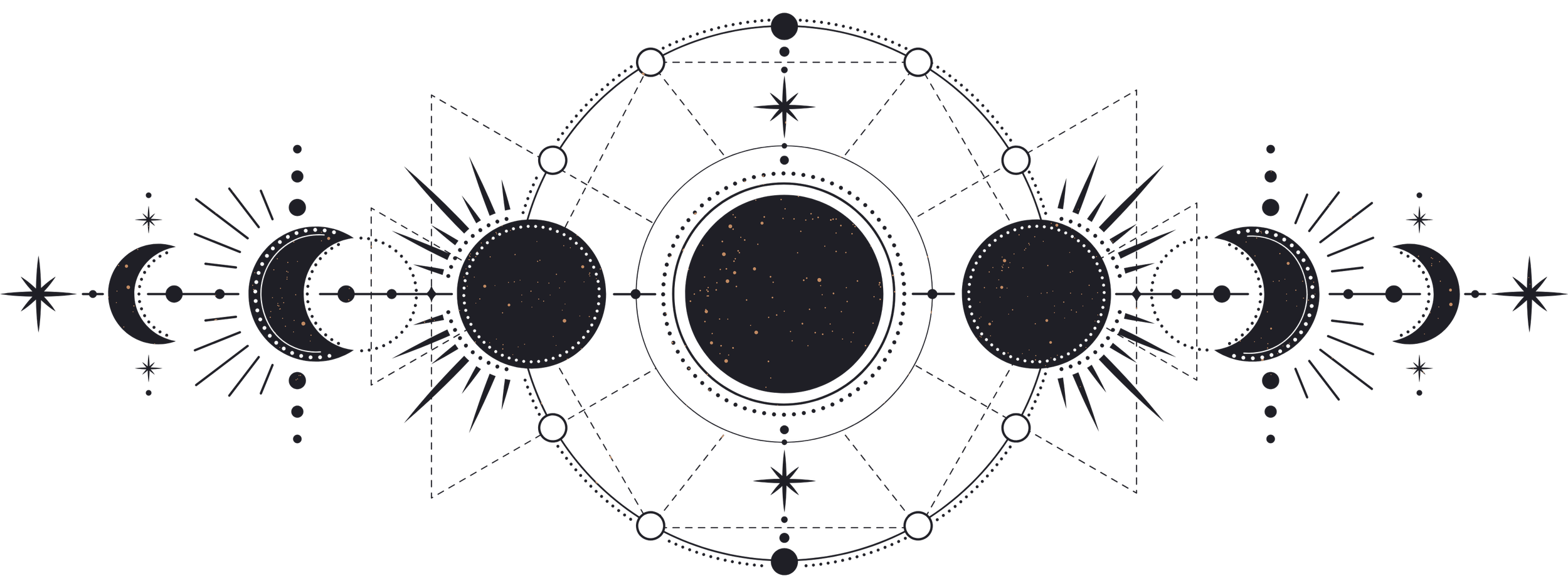 A black background with geometric and celestial designs including moon phases, stars, and interconnected circles and lines, creating a mystical or cosmic pattern.