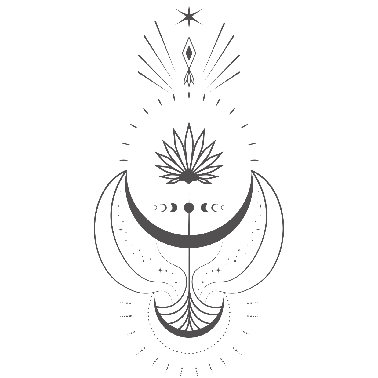 Personal Transformation design featuring a crescent moon, multiple small moons, and star symbols arranged symmetrically with celestial patterns, radiating lines, and abstract celestial shapes.