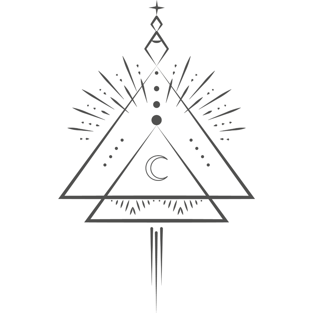 Energy Healing symbol of a triangle with a crescent moon inside, radiating lines, dots, and celestial symbols, including a star and various geometric shapes.