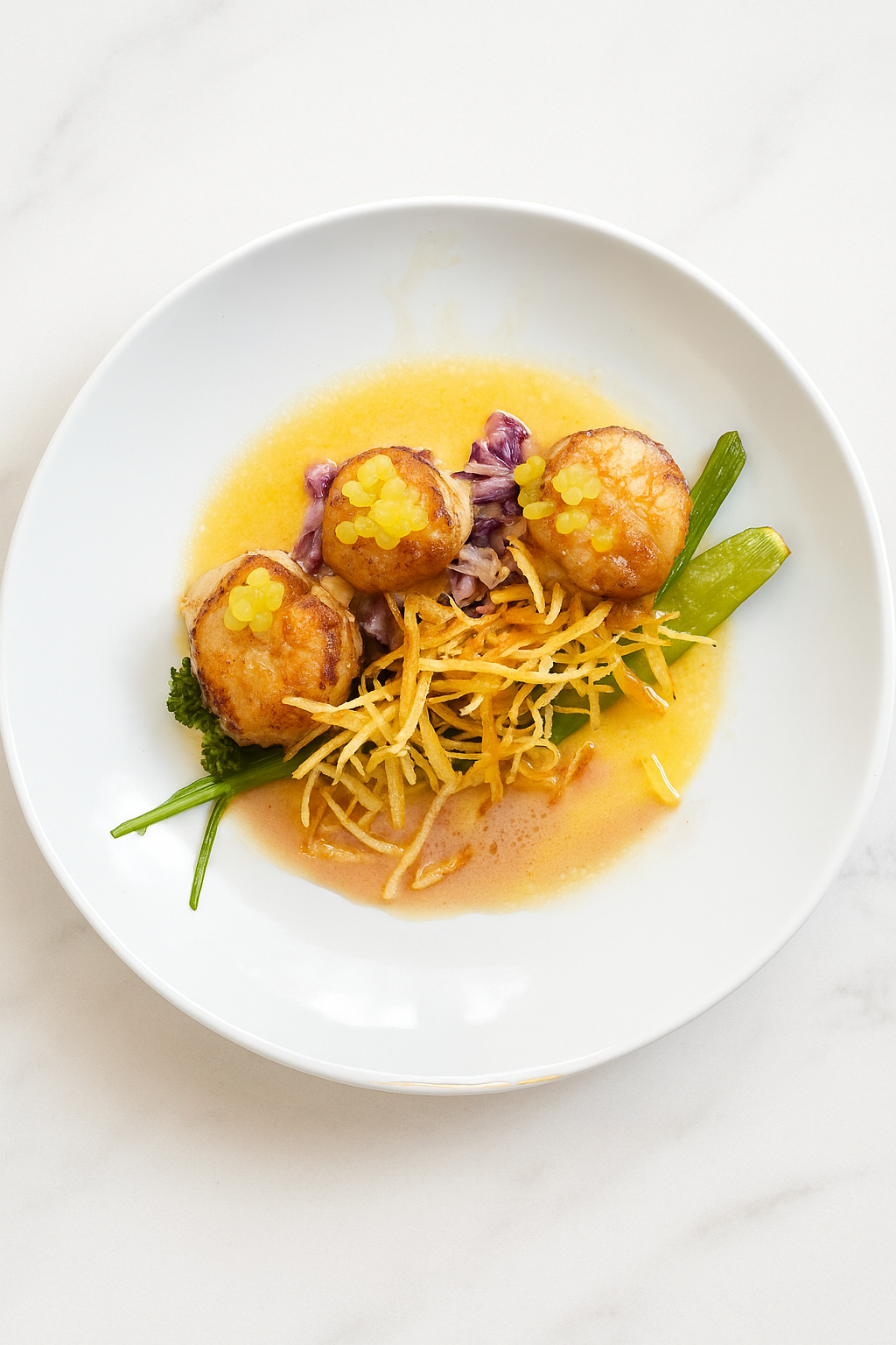 A white plate of gourmet food with three fried balls topped with yellow sauce, served with shredded vegetables, green beans, and a yellow sauce.