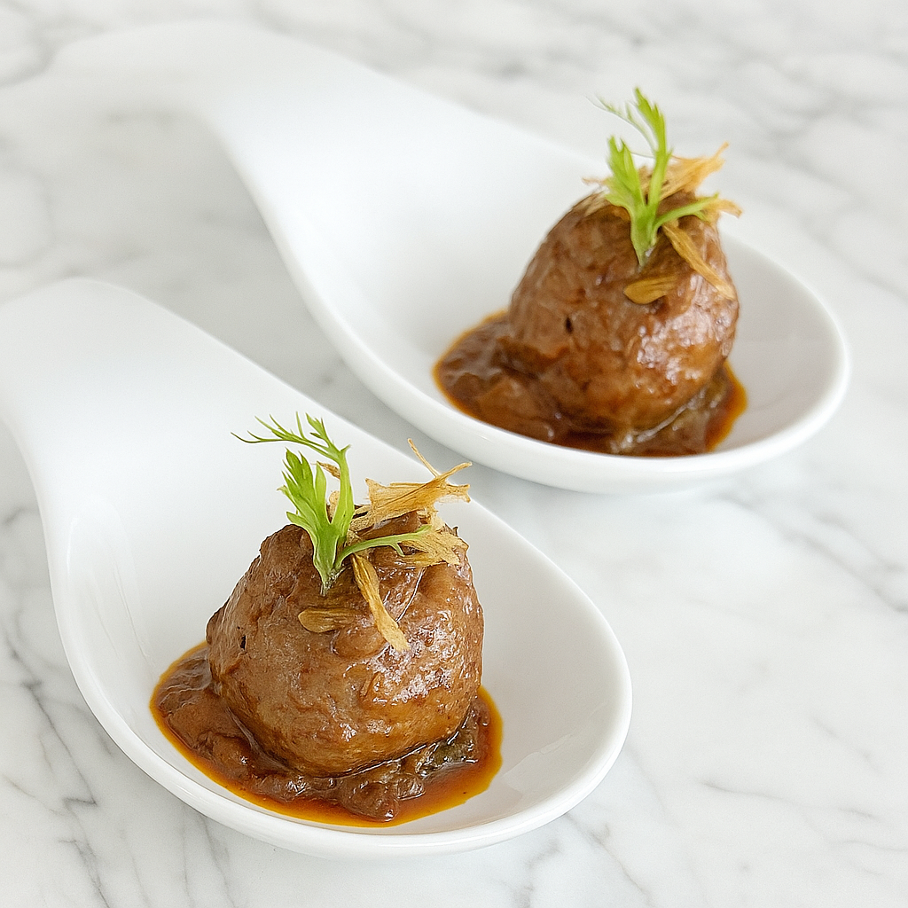 Two white ceramic spoons each holding a meatball in sauce, garnished with herbs, on a white marble surface.