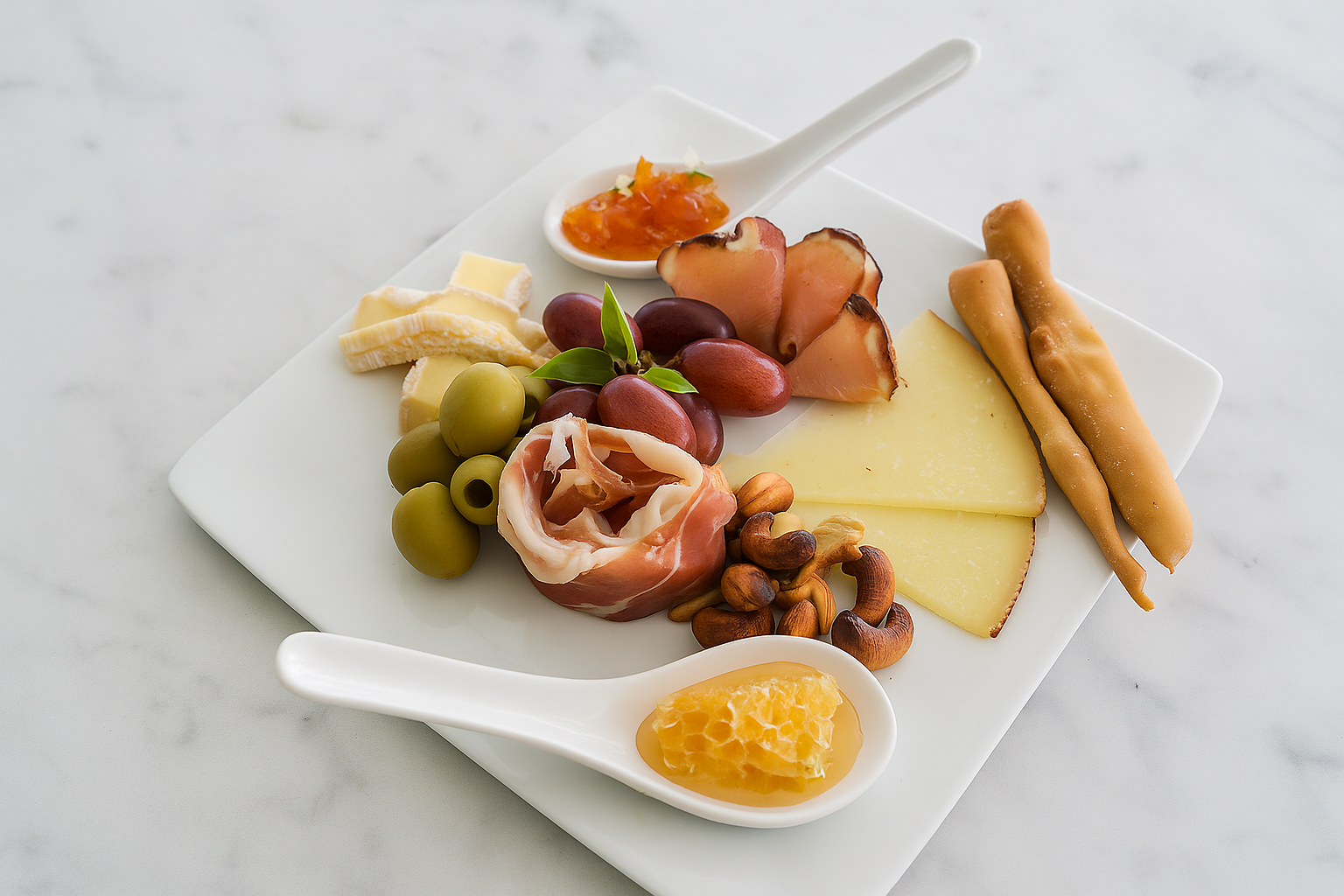 A white square plate with cheese, grapes, ham, nuts, breadsticks, honey, and a small bowl of jam on a marble surface.