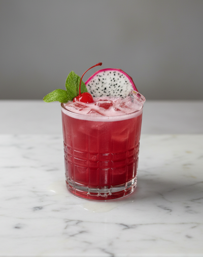 Red cocktail in a glass garnished with a slice of dragon fruit, a cherry, and mint leaves on a marble surface.