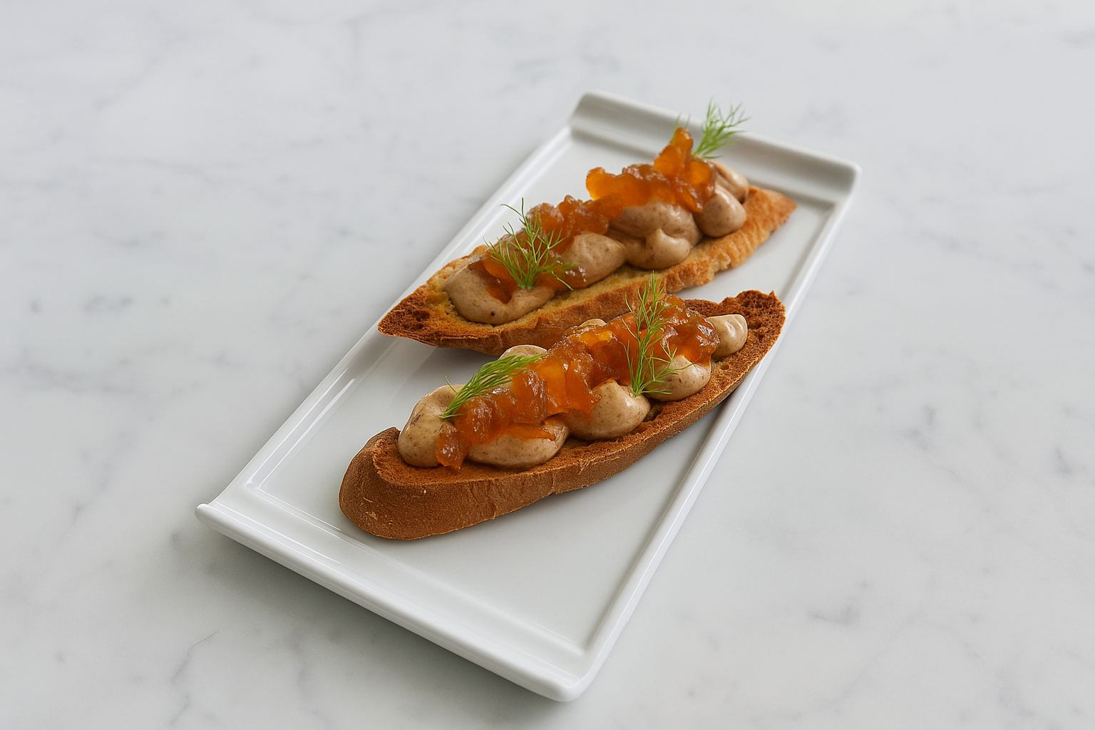 Two pieces of toasted baguette with creamy topping and orange garnish, garnished with small green herbs, on a white rectangular plate