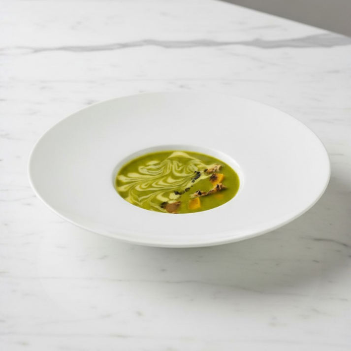 A white bowl with a green and yellow swirl-patterned soup garnished with small pieces of herbs and vegetables, set on a white marble surface.