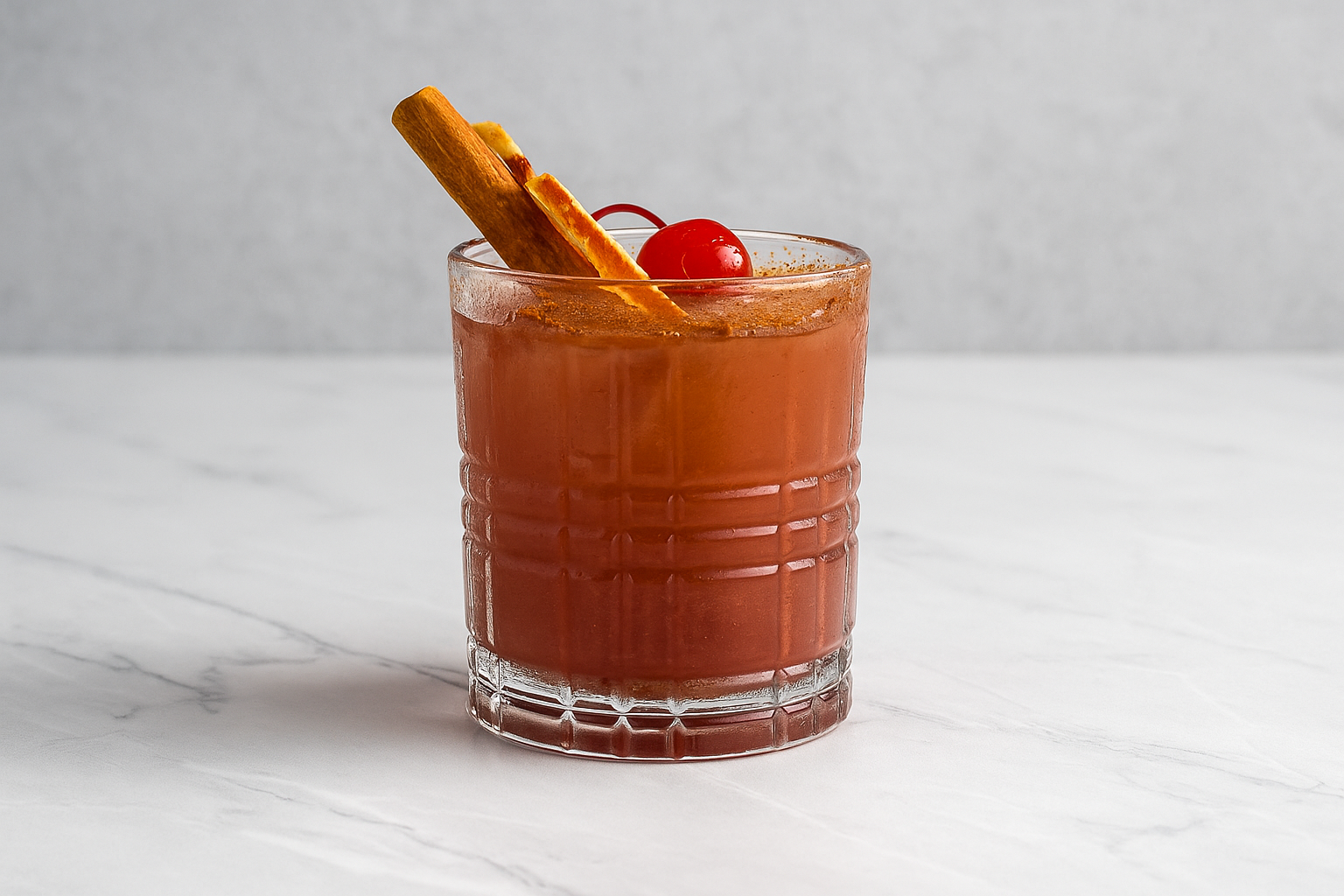A cocktail in a clear, textured glass garnished with a cherry, a cinnamon stick, and an orange peel twist on a white marble surface.