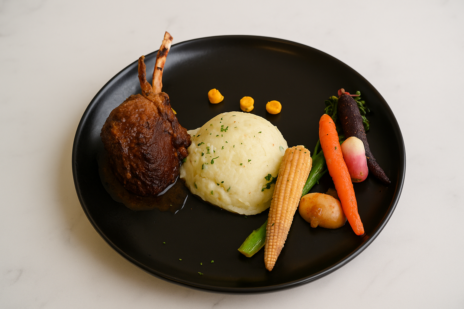 Plate with a breaded and fried lamb chop, a scoop of mashed potatoes garnished with herbs, and an assortment of colorful vegetables including carrots, baby corn, radishes, and purple carrots.