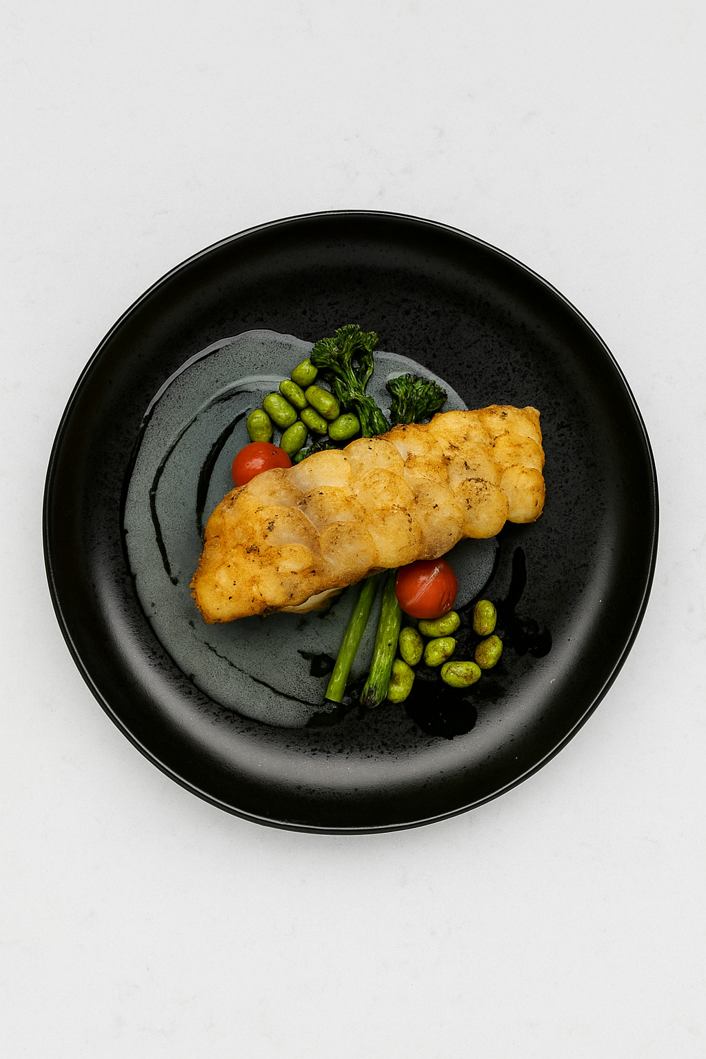 A plate of fried fish served with green beans, cherry tomatoes, and edamame on a black dish.