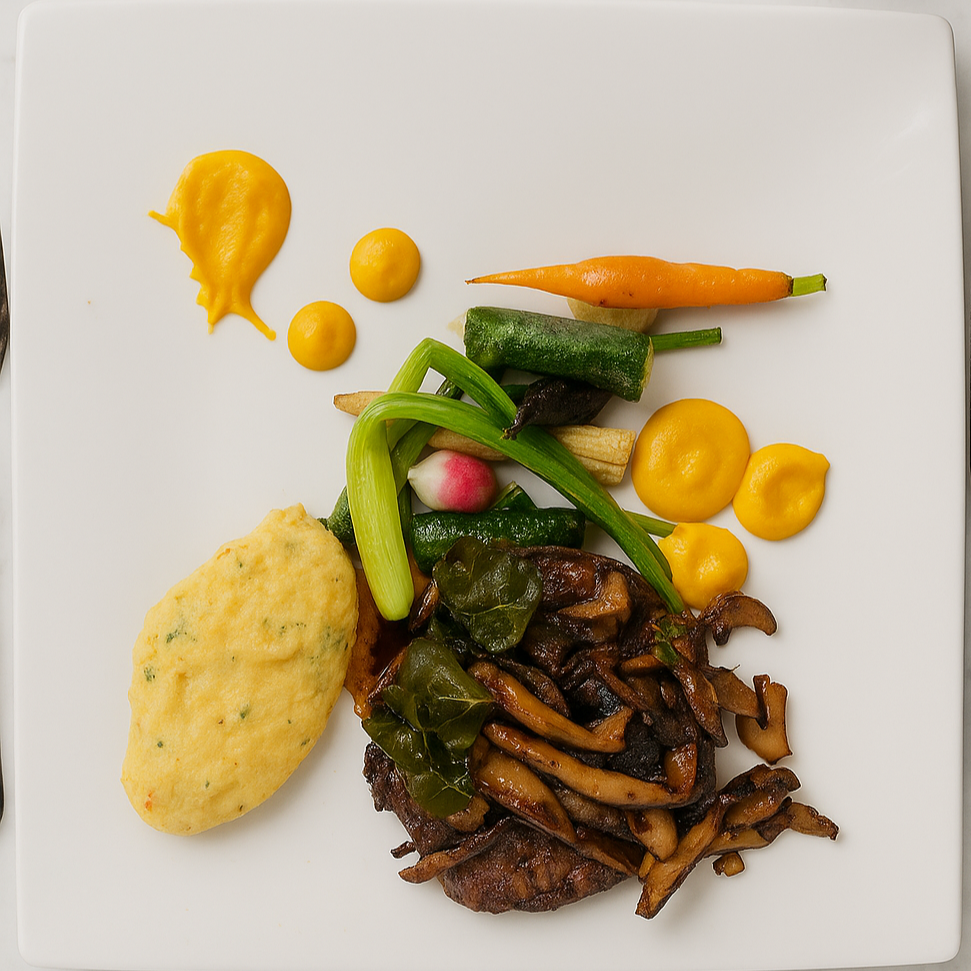Plate with assorted vegetables, mushrooms, and a steak, garnished with sauces and colorful vegetables.