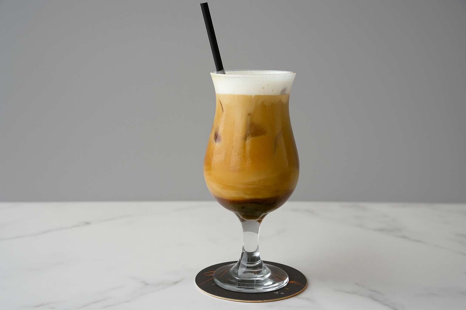 Tall glass of iced coffee with cream and foam, with a black straw, on a white marble table against a gray background.