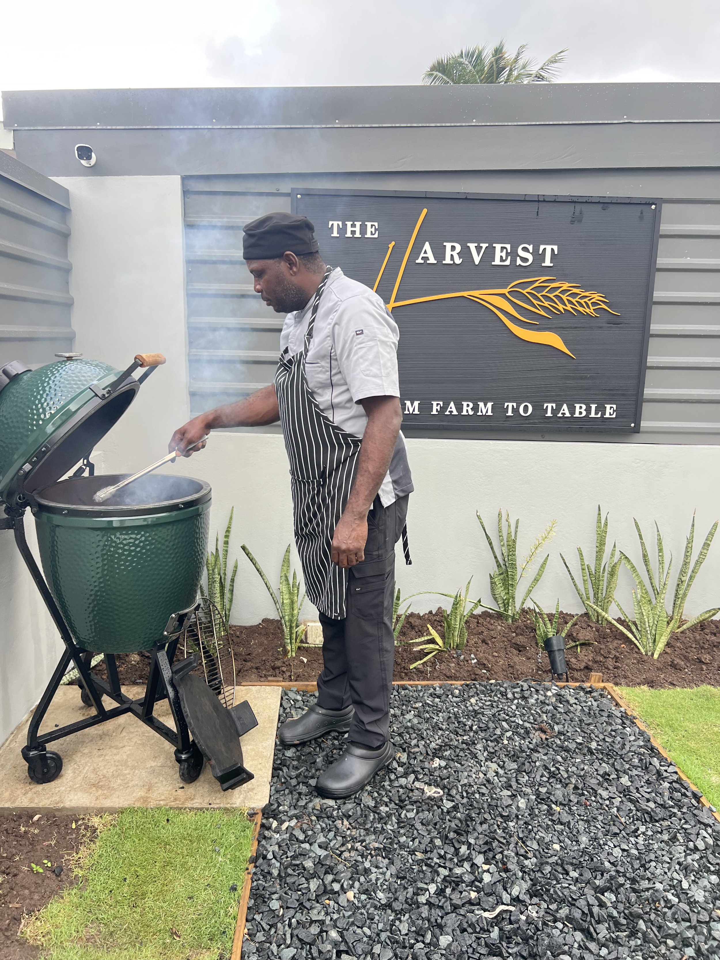 A chef cooking on a green smoker grill outdoors, with a sign that reads "The Harvest Farm to Table" in the background at The Harvest and Table Restaurant.