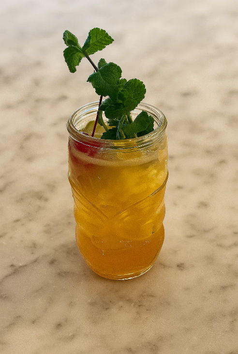 A jar filled with a yellow-orange beverage, garnished with a sprig of mint, on a marble surface.