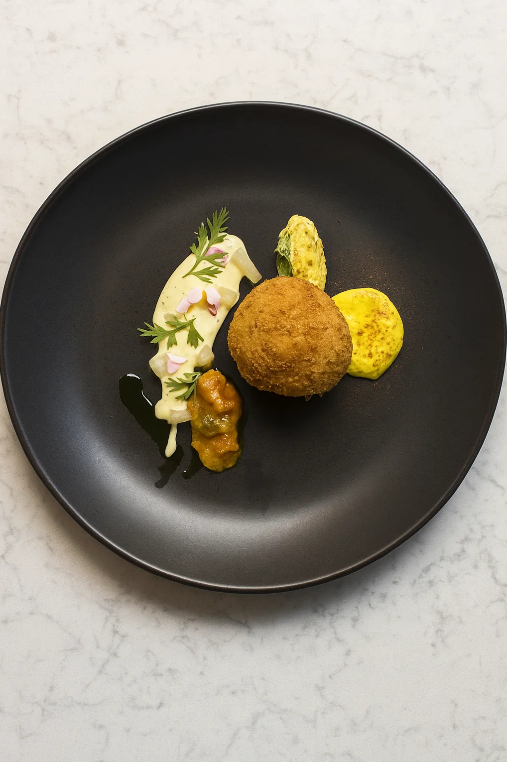 Fried appetizer served with various sauces and garnishes on a black plate