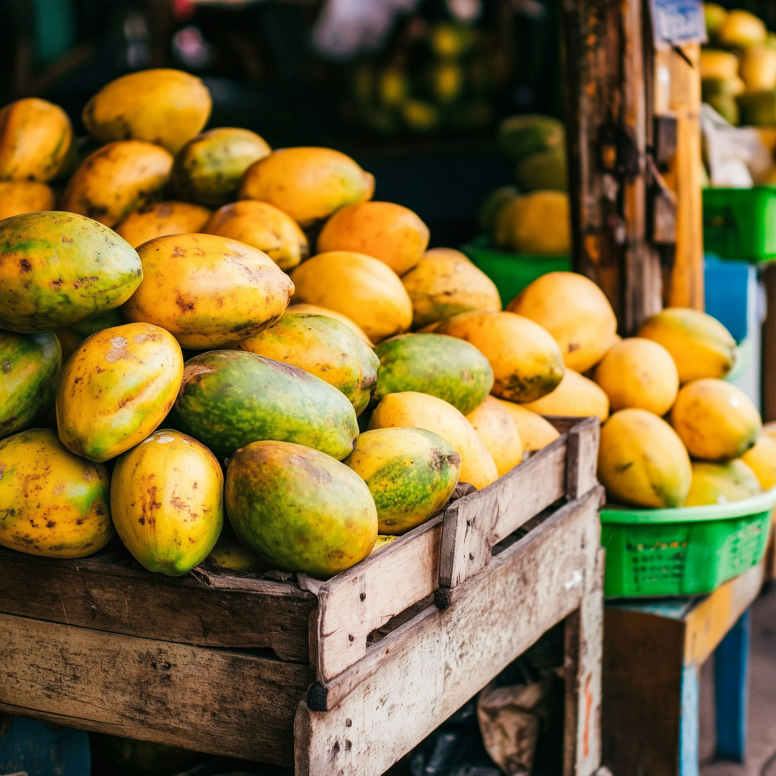 Mangoes displayed on a wooden market stall with a green basket nearby.