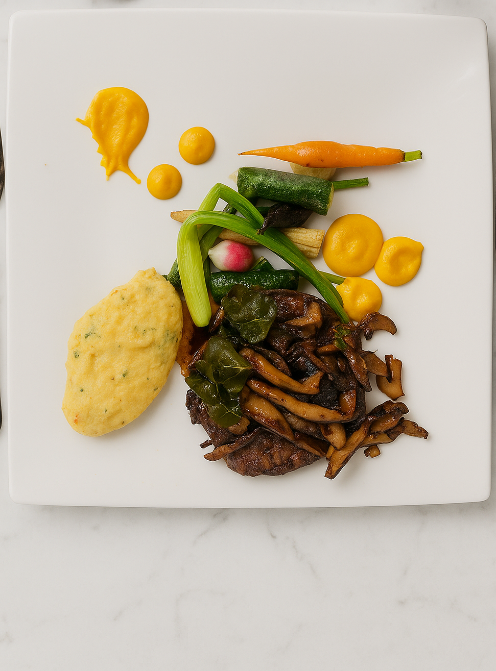 A plate with various vegetables, a scoop of mashed potatoes, and a portion of sliced, cooked beef with mushrooms and green peppers. Decorative yellow sauce dots are on the side.