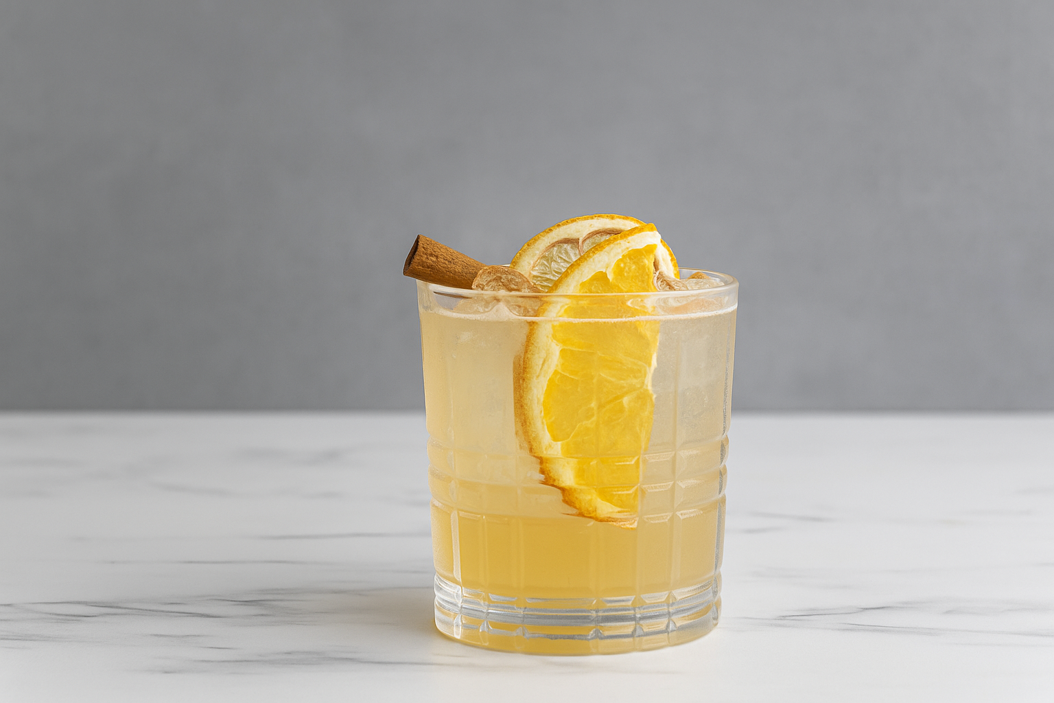 A glass of lemonade garnished with lemon slices and a cinnamon stick, on a white marble surface with a gray background.
