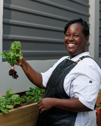 Chef Juliana holding a freshly harvested beetroot in a garden at The Harvest and Table Restaurant.