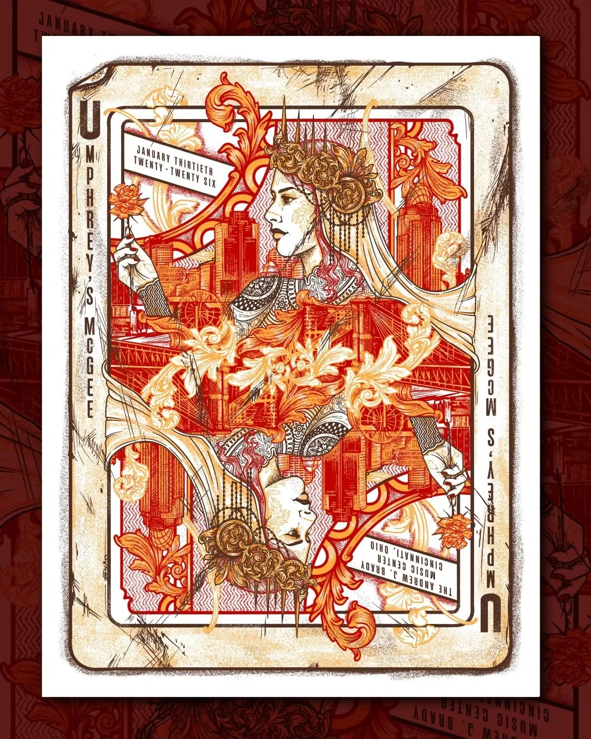 I'm excited to show off my first print of 2026 🥀
Cincinnati is Queen City, and the original home of Bicycle playing cards, so I wanted to pay homage to the classic playing card design. A huge thank you to @umphreys_merch for giving me full creative 