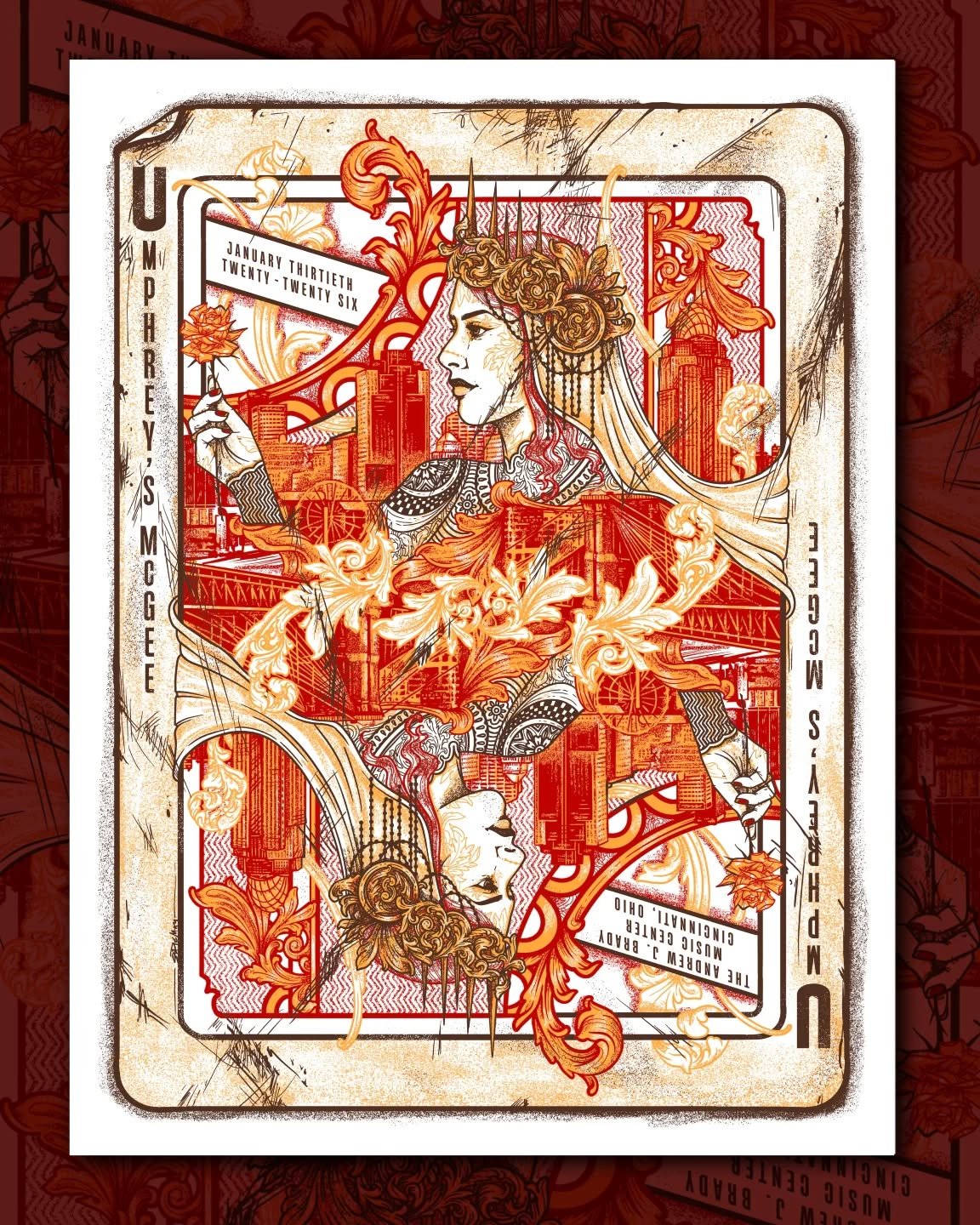 I'm excited to show off my first print of 2026 🥀
Cincinnati is Queen City, and the original home of Bicycle playing cards, so I wanted to pay homage to the classic playing card design. A huge thank you to @umphreys_merch for giving me full creative 