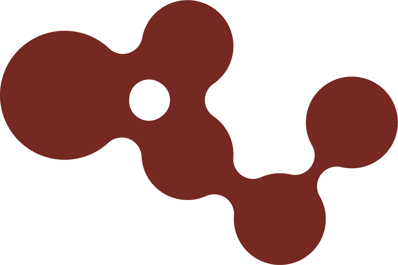 Animerad illustration av en molekyl med tre stora cirklar förenade av smala rör i brunt.