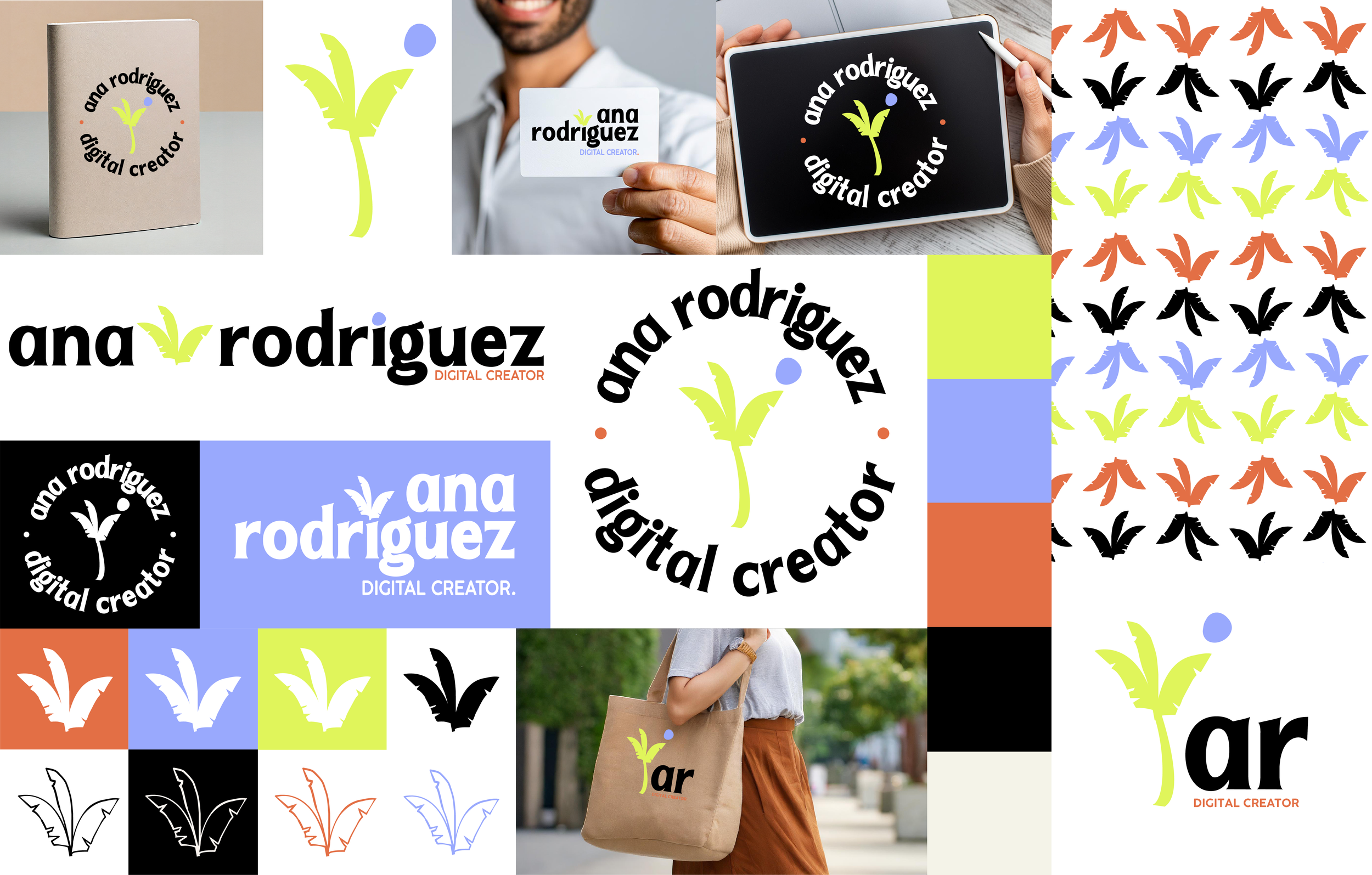 Colección de logotipos y gráficos que muestran el nombre 'Ana Rodriguez' y la frase 'digital creator'; un logo con una planta que representa crecimiento y creatividad; ejemplos de tarjetas de presentación, productos promocionales y fondos con patrones de la misma planta en diferentes colores.