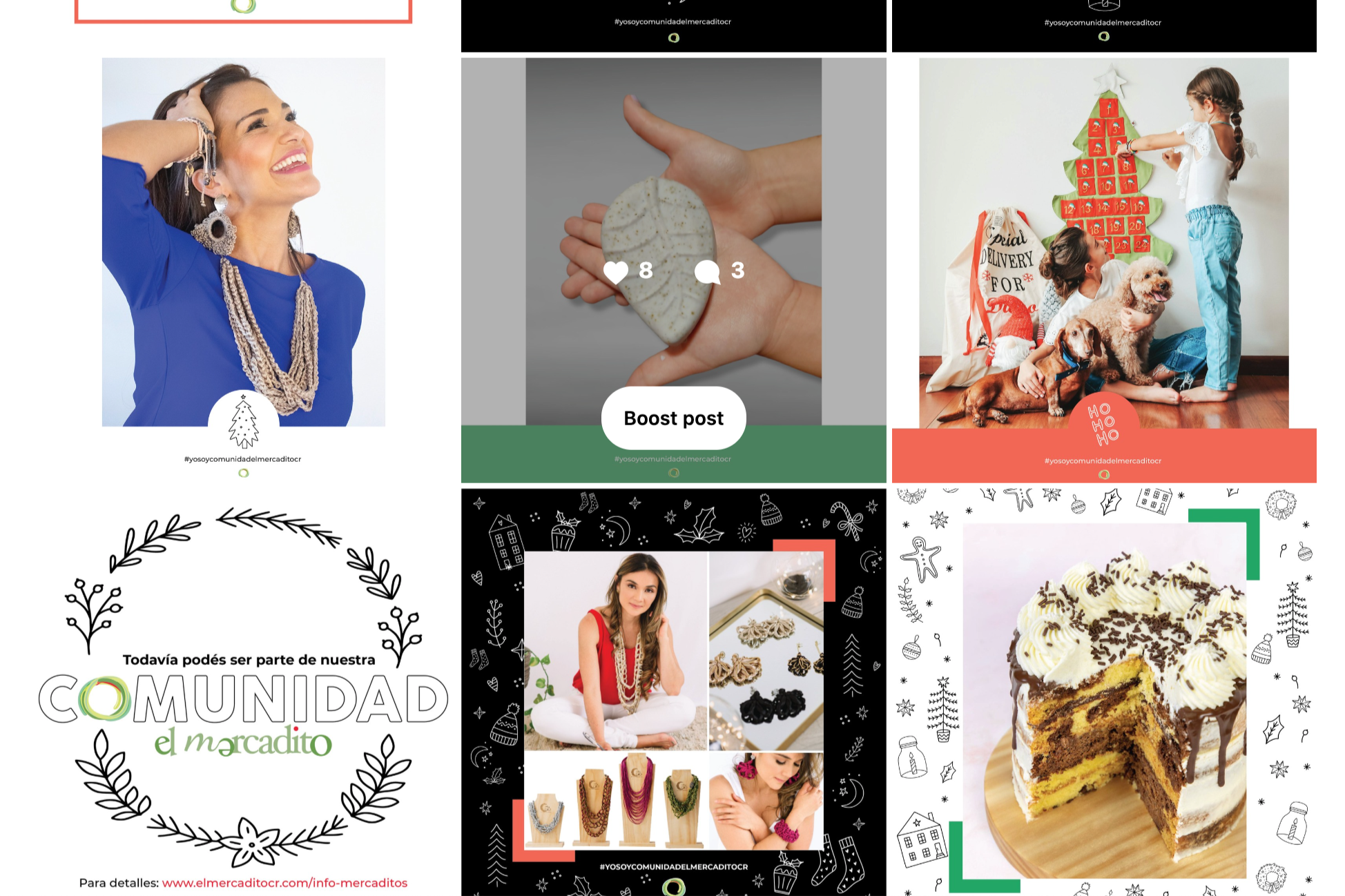 Collage de publicaciones en redes sociales con temática navideña, mostrando una mujer sonriendo con joyería, un niño decorando un árbol de Navidad con chocolates, una niña con perros y decoración navideña, un pastel de chocolate, y anuncios de productos artesanales y joyería, todo relacionado con la comunidad "El Marcadito".