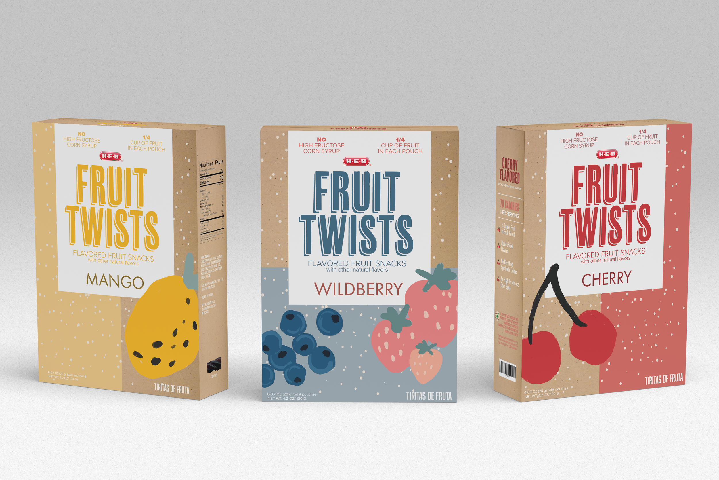 Tres paquetes de snacks de frutas con diferentes sabores: mango, zarzamora y cereza, con ilustraciones de las frutas en las cajas.
