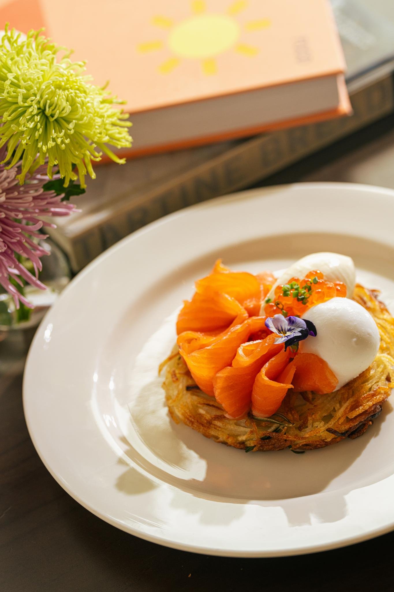 Potato, onion and rosemary rosti with smoked salmon and cream. Brunch at Shaw Lido on Orchard Road.