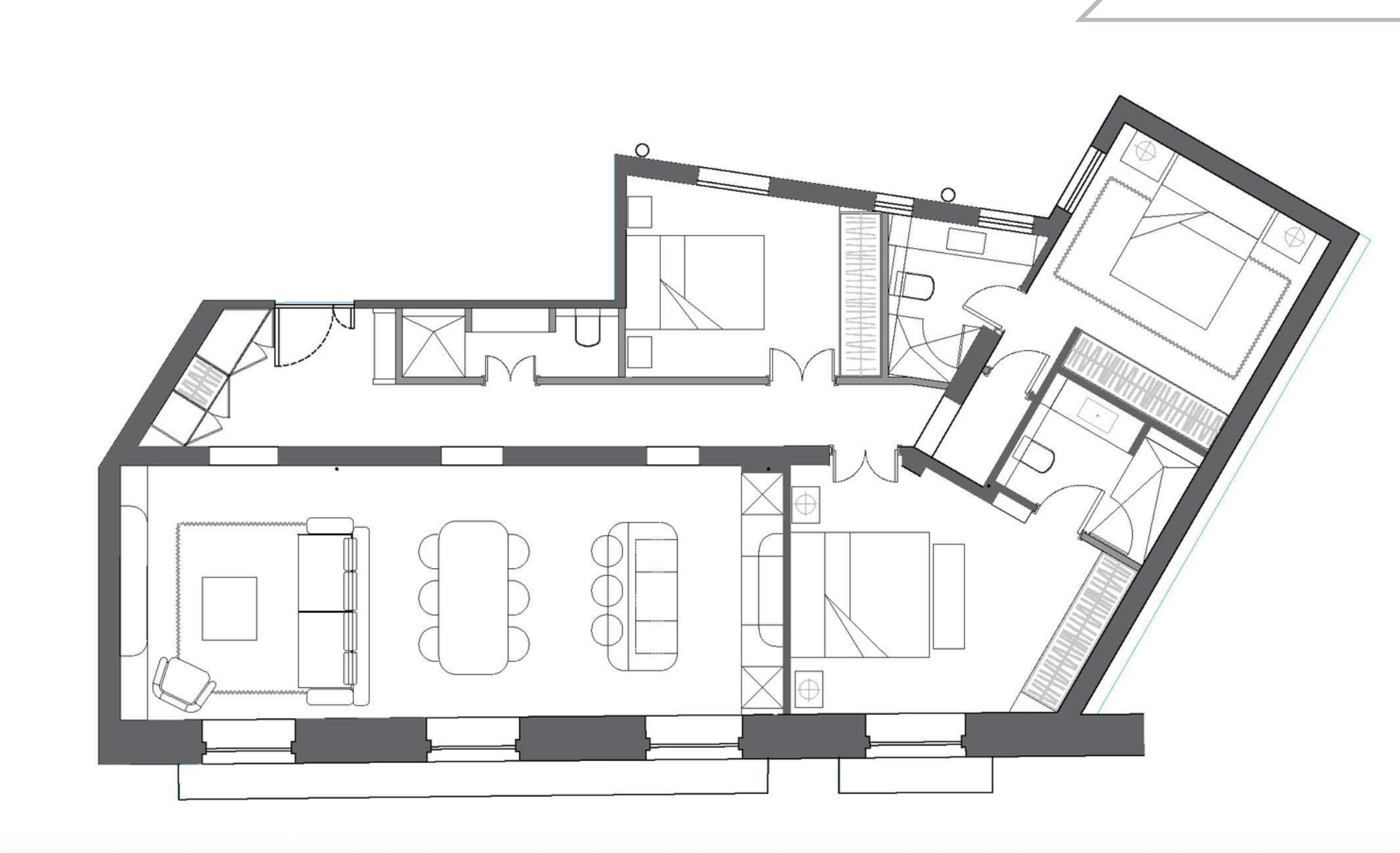 Plano arquitectónico de una vivienda con varias habitaciones, sala, comedor, y baños.