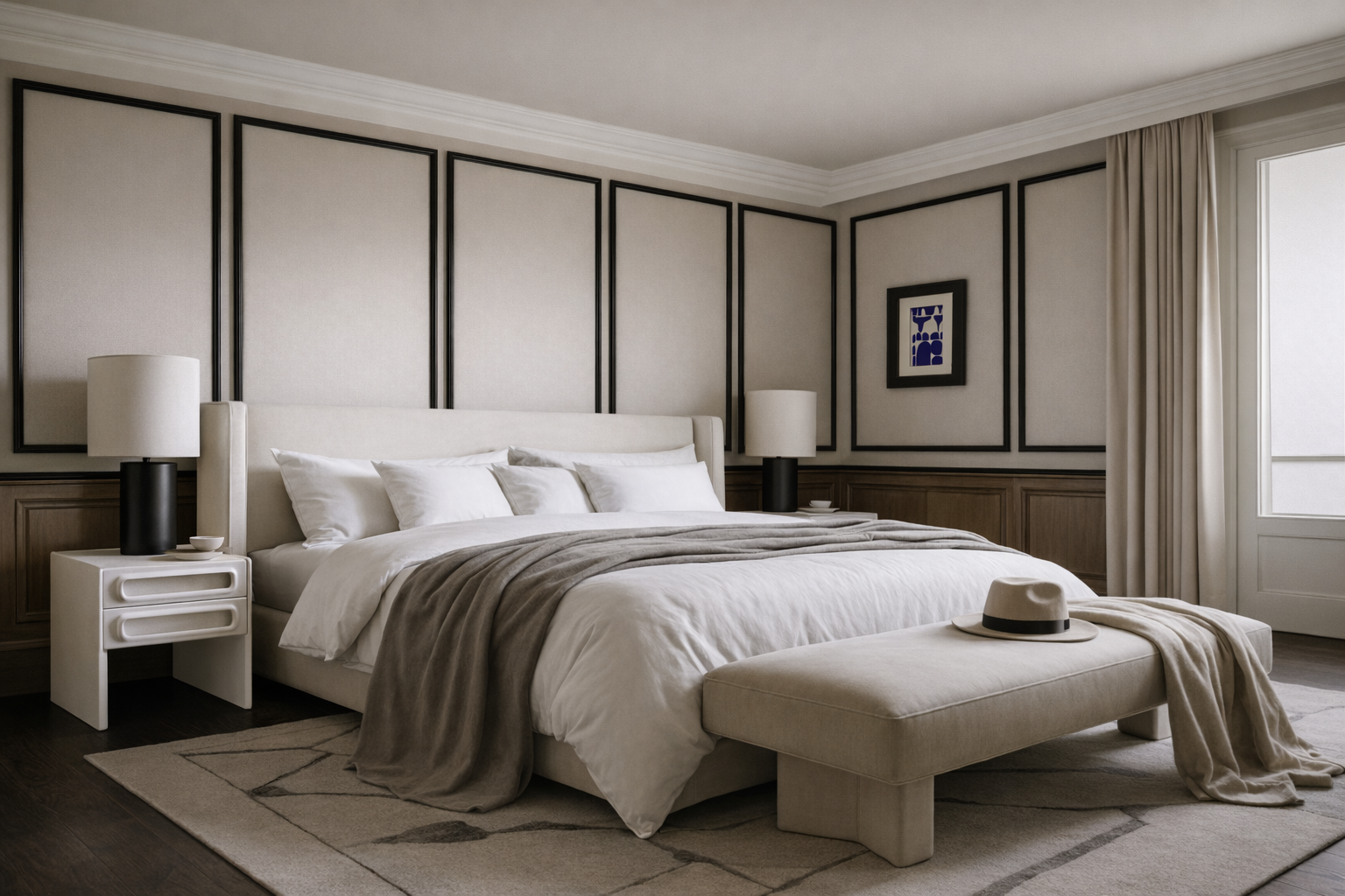 Habitación de hotel con cama grande, cabecera blanca, ropa de cama blanca, varias almohadas, alfombra, dos mesas de noche con lámparas negras, ventana con cortinas beige y cuadro decorativo en la pared