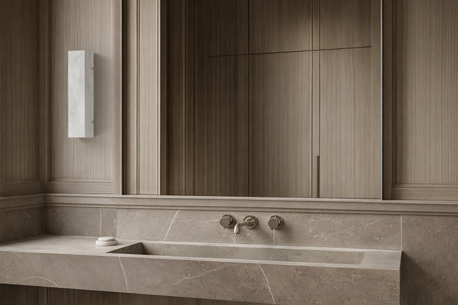 Lavabo de Mármol con espejo y pared de madera