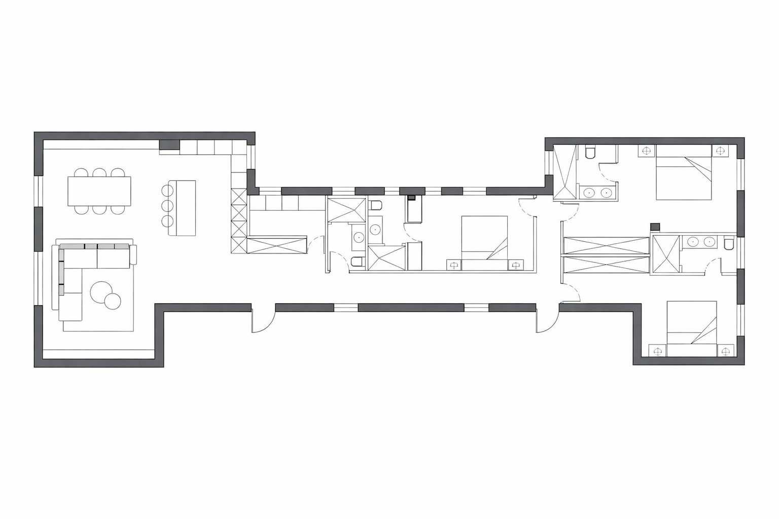 Plano arquitectónico de una vivienda de forma alargada con varias habitaciones, incluyendo dormitorios y baños.