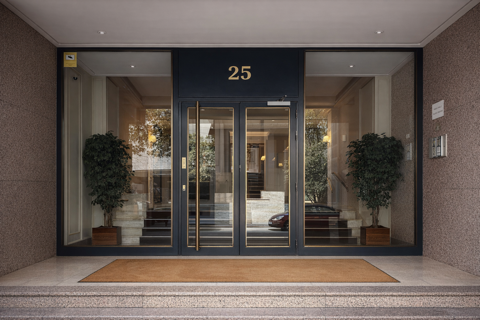 Entrada de edificio con puertas de vidrio, dos plantas de interior con plantas en macetas y números 25 en la parte superior.