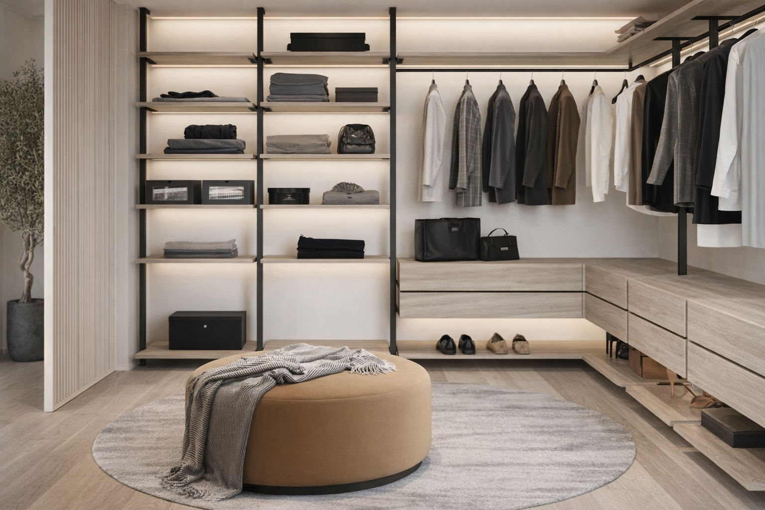 Vestidor con ropa y accesorios organizados, sillón redondo con una manta, estantes con prendas dobladas y bolsos, calzado en la parte inferior, decoración minimalista.