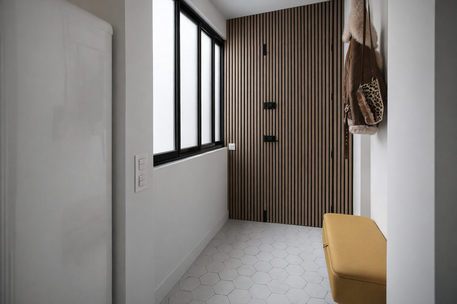Rincón de entrada con pared de madera, ventana de vidrio, perchero con abrigos y bolsos, y un banco amarillo.