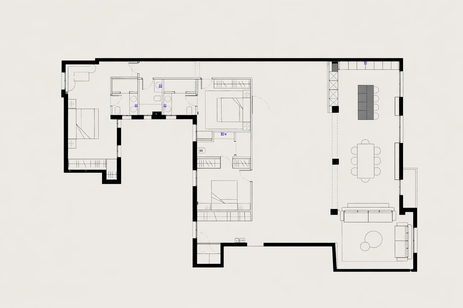 Plano arquitectónico de una casa de nivel medio con varias habitaciones, áreas comunes, y baños.