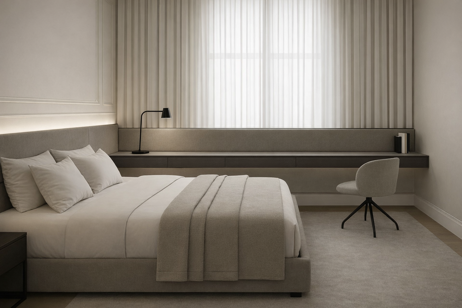 Habitación minimalista con cama, almohadas y una silla frente a una ventana con cortinas blancas.