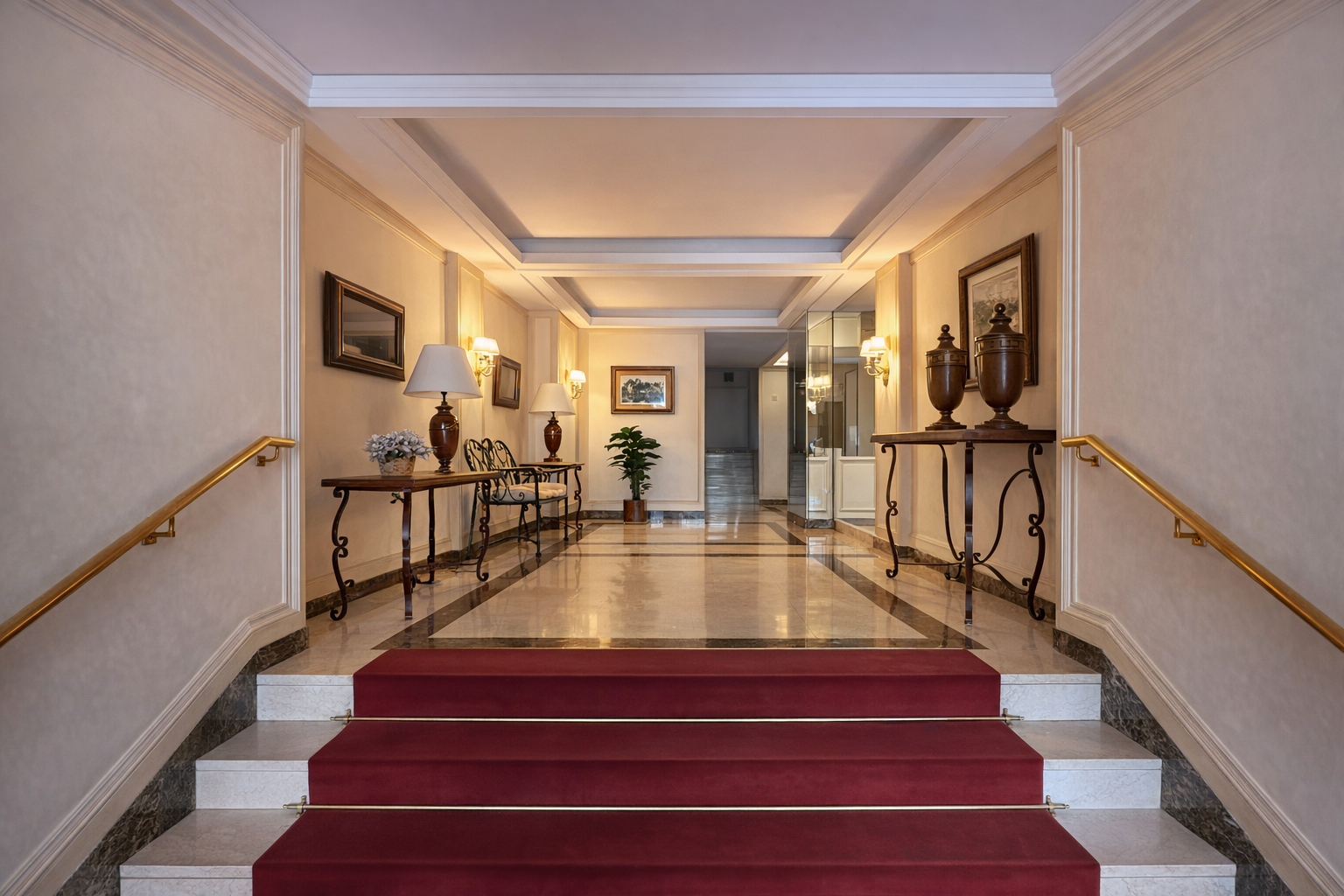 Vestíbulo elegante con escaleras, mesas con lámparas, cuadros y decoración clásica.